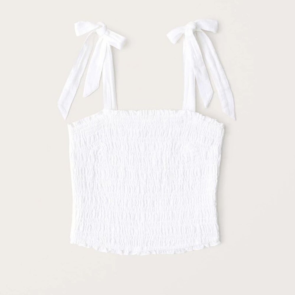 Abercrombie & Fitch Smocked‎ Tie Strap Cropped Tank Medium White Cotton Peasant